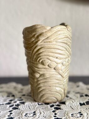 Handcrafted vintage Cream Ceramic Vase with Textured Wave Design